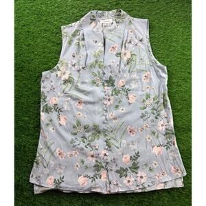 Calvin Klein Floral Sleeveless Blouse M Light Blue Pink Button Front Top